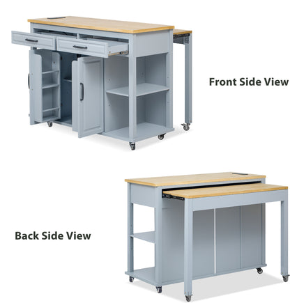 K&K 47 inch Kitchen Island with Extendable Dining Table, Rubber Wood Veneer Kitchen Table with Internal Storage Rack, Power Outlet