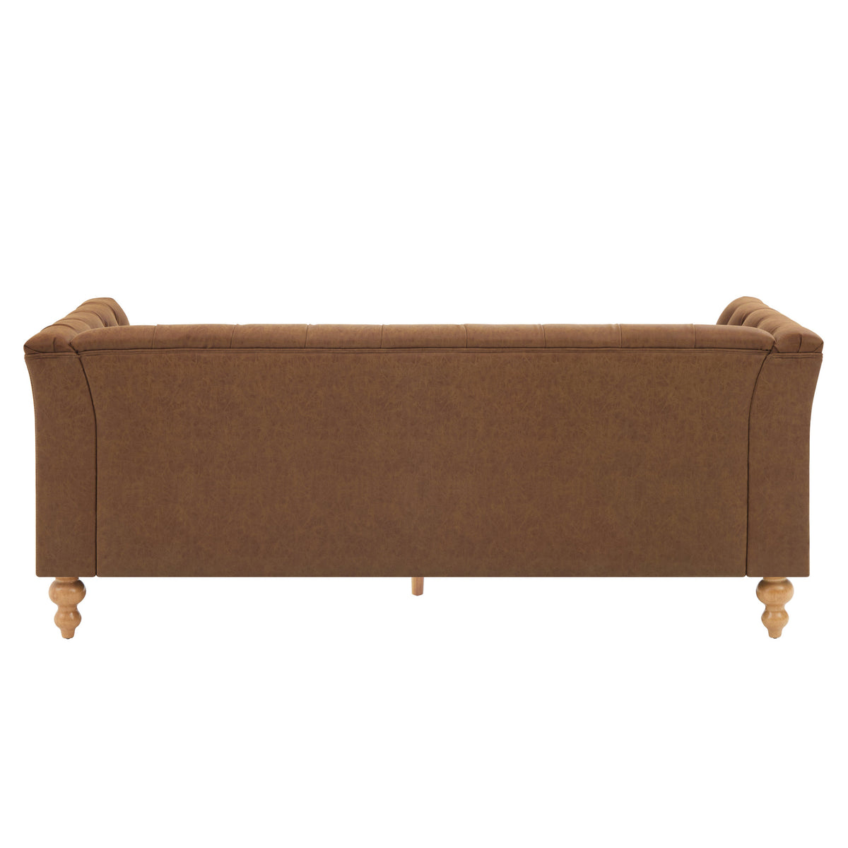 73.5'' Chesterfield Sofa PU Upholstered Couch with Flared Arms, Tufted Back & Natural Rubberwood Legs Multi Cushion Seat Sofa for Living Room and Home Lounge, Brown