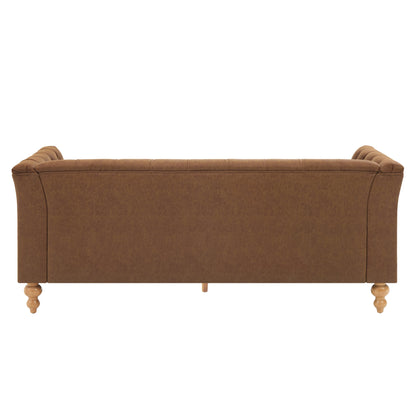 73.5'' Chesterfield Sofa PU Upholstered Couch with Flared Arms, Tufted Back & Natural Rubberwood Legs Multi Cushion Seat Sofa for Living Room and Home Lounge, Brown