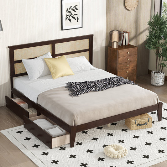 King Size Bed with Rattan Headboard, Two Storage Drawers, Rubber Wood Bed with Enhanced  Support Slats and Feet,Espresso