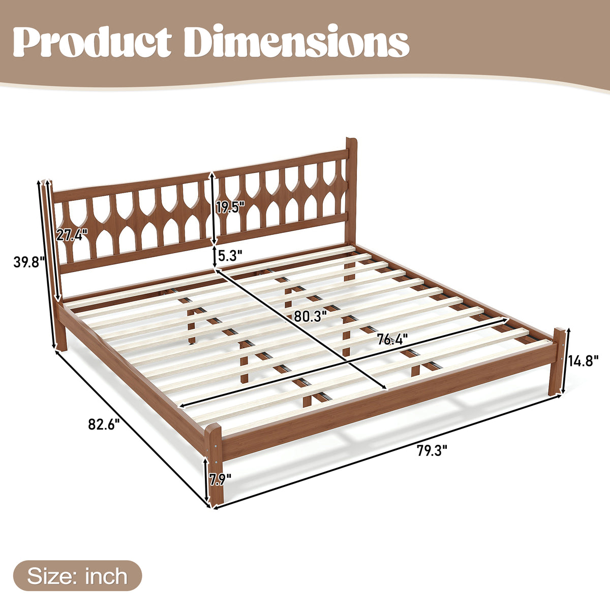 King Size Bamboo Platform Bed with Diamond-shaped headboard, Solid Bamboo-made Bed Frame with Support Slats, for Bedroom, Guest Rooms, Brown