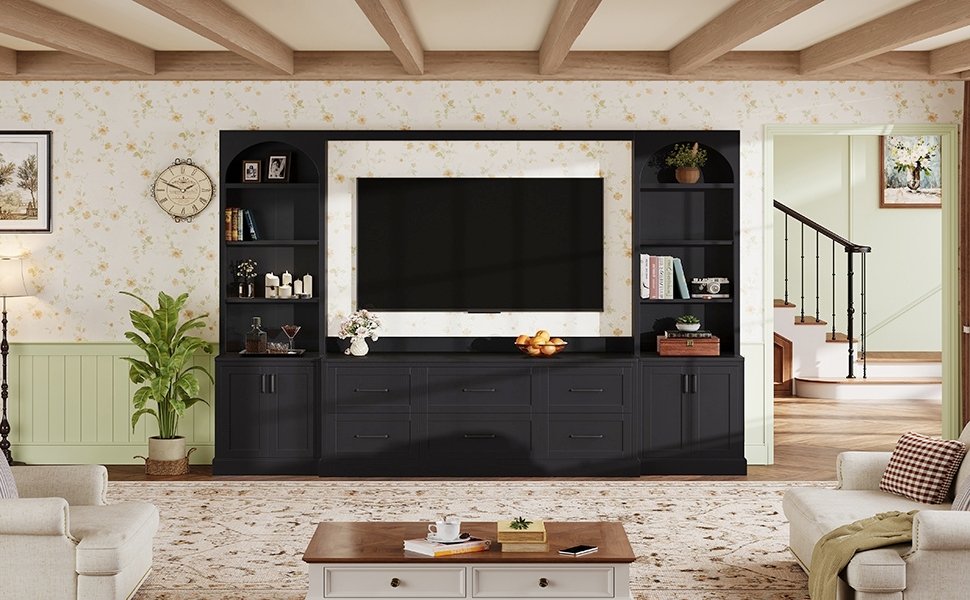 Modern Arched Entertainment Center Wall Unit with 6 Drawers, Farmhouse Large TV Stand with Bookshelves for TVs Up to 70', All-in-One Media Console with Adjustable Shelves for Living Room, Black