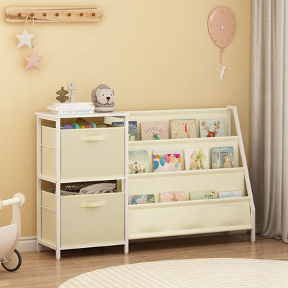 Kids Bookshelf with 3-Tier Front-Facing Book Display, 2 Storage Bins and Bottom Cabinet, Children's Bookcase Organizer for Bedroom, Playroom and Nursery