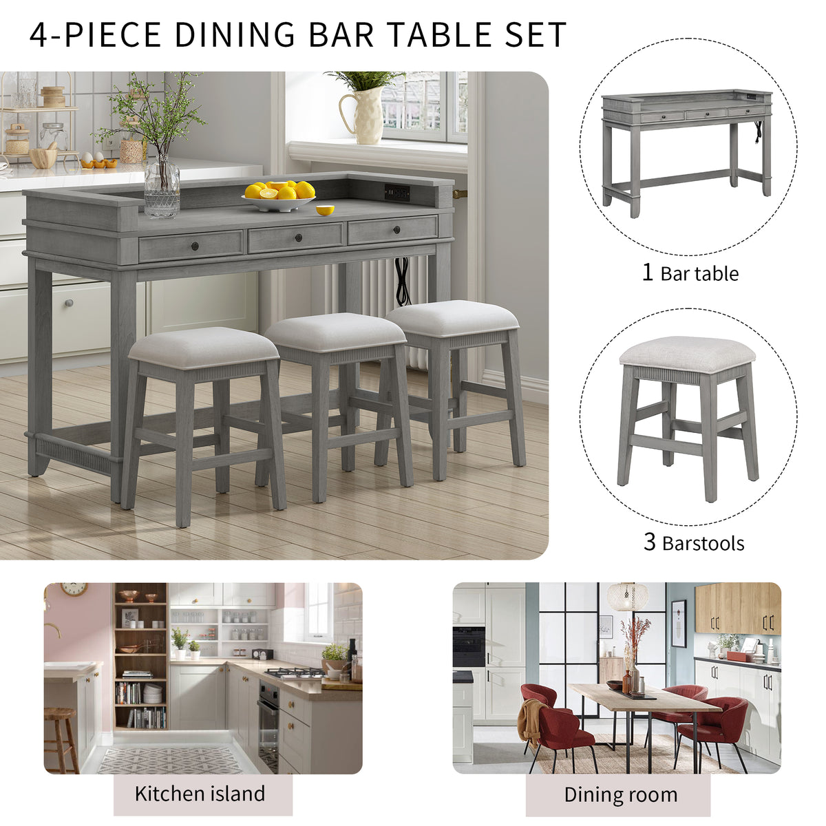 TREXM 4-Piece Dining Table Set for 3, Retro Kitchen Table and Chairs Set with 3 Storage Drawers, Ideal - Light Grey