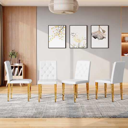 4-pack white PU dining chairs: ergonomic buckle backrest, 35 inches high, golden metal legs,Combines Comfort and Texture.Perfectly suitable for family dining rooms, hotel banquet halls,etcW1151P295709