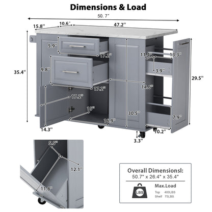 K&K 50.7" Kitchen Island with Storage Tilt Trash Can Cabinet and Pull Out Cabinet Organizer – Blue