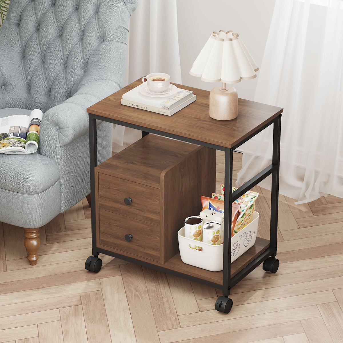 End Table with Wheels & Storage Drawers, Side Table,  Nightstand, Stable Metal Frame, Wood Top, for Bedroom Kitchen Living Room and Office, 14.9"D x 23.6"W x 25.7"H