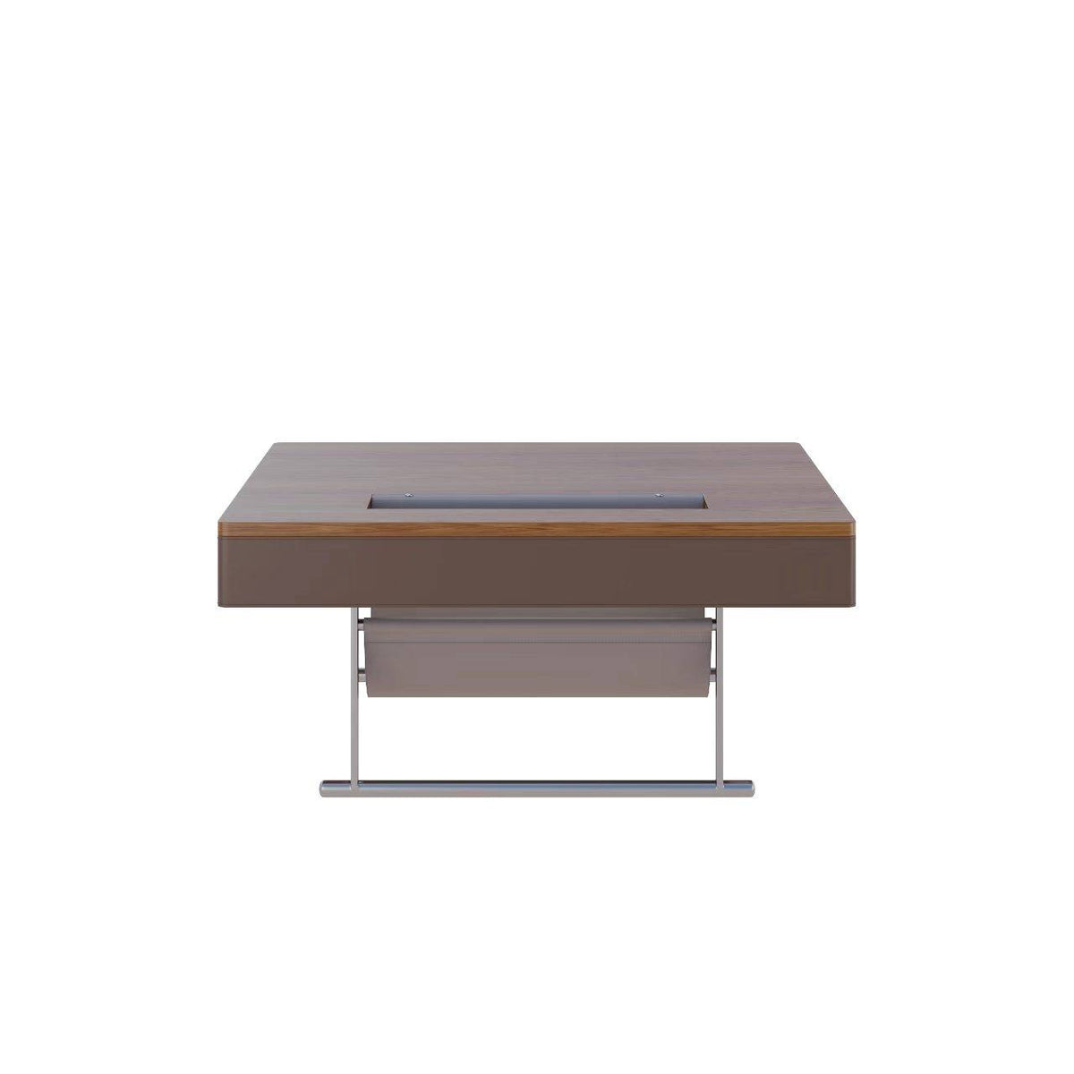 35.43" Square Walnut Coffee Table with Thickened Tabletop, Saddle Leather-Wrapped Edge and Polished Stainless Steel Base, Modern Cocktail Table for Living Room