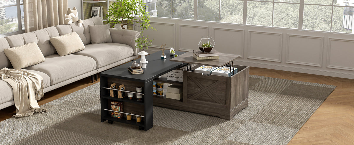 U-Can Farmhouse  Lift Top Coffee Table With Barn Doors, Wood Rectangle Center Table With Large Hidden Storage Space And Open Cabinet, For Living Room, Bedroom, Home Office