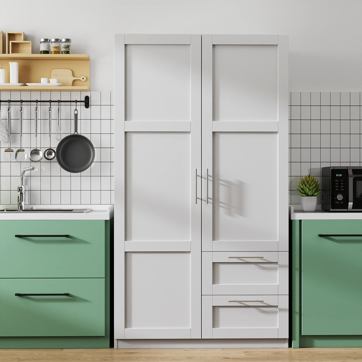 High wardrobe and kitchen cabinet with 2 doors, 2 drawers and 5 storage spaces, white