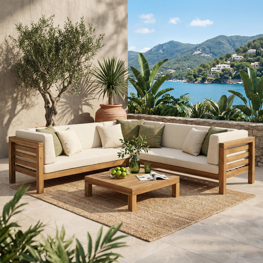 Oana Outdoor Wooden Sectional Set With Cushions, Beige