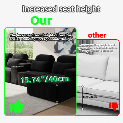 Modern Black corduroy 6-seater U-shaped sofa with lounge chair and cup holder -145.7 inch oversized modular compression sofa, suitable for home theaters, luxury living spaces, tool free assembly