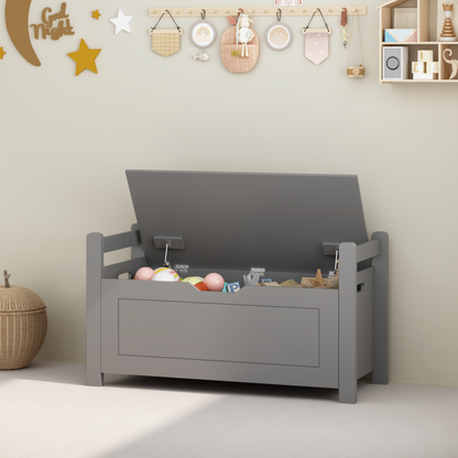 Kids Toy Box Chest for Boys Girls, Large Storage Cabinet with Cushion Seat Bench/ Flip-Top Lid/ Safety Hinge, Toy Storage Organizer Trunk for Nursery, Playroom (Gray)