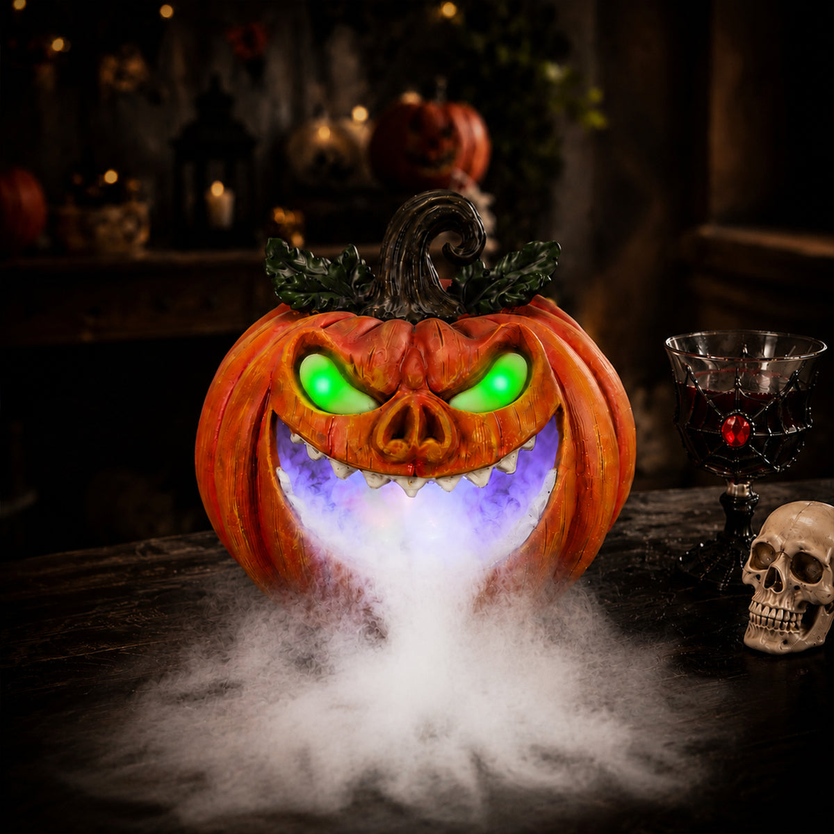 Halloween Pumpkin Monster Mist Maker, LED Light Up Fogger Figurine