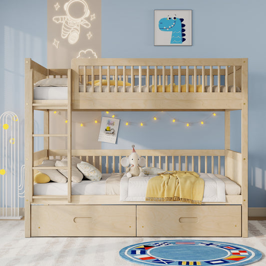 Twin Over Twin Pine Wood Bunk Bed With 2 Drawers, Convertible into 2 Twin Beds, Twin Over Twin Bunk Bed with Ladder and Safety Guardrails,Natural
