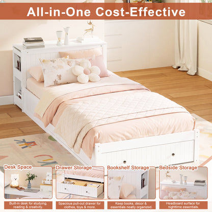Twin Modern Platform Bed with Integrated Desk and Storage, Wood Bed Frame with wide Headboard, Footboard Drawers & Side Shelves, Multifunctional Space Saving Bedroom Furniture for Teen and Kids, White