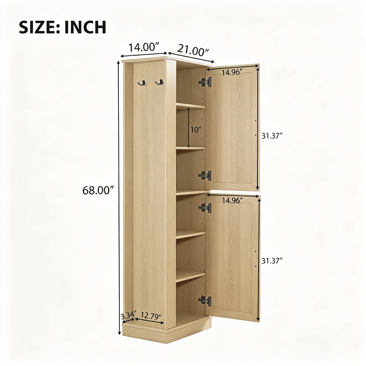 Tall Bathroom Storage Cabinet, Freestanding Storage Cabinet with Hook and Adjustable Shelf, MDF Board, Natural