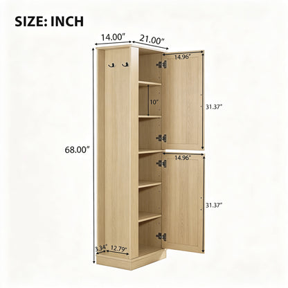 Tall Bathroom Storage Cabinet, Freestanding Storage Cabinet with Hook and Adjustable Shelf, MDF Board, Natural