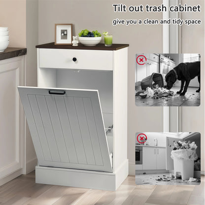 Tilt Out Trash Cabinet with Drawer, 10 Gallon Farmhouse Hamper, White MDF