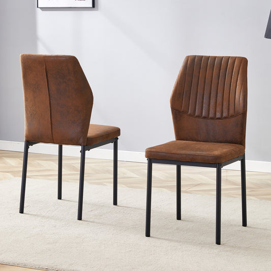 Luxury Simple Chair - Set of 2 Brown Technology Fabric Material High Resilience Dining Chair with Metal Black Leg.The Chair Back Has a Vertical Stripe Design With Smooth And Uniform Lines.