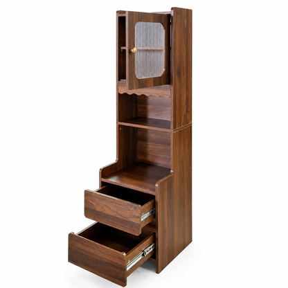 Tall Nightstand with  Glass Door, Mid-Century Modern Bedside Table with Open Shelves and 2 Drawers, Walnut Wood Night Stand & Bookshelf for Bedroom, Living Room