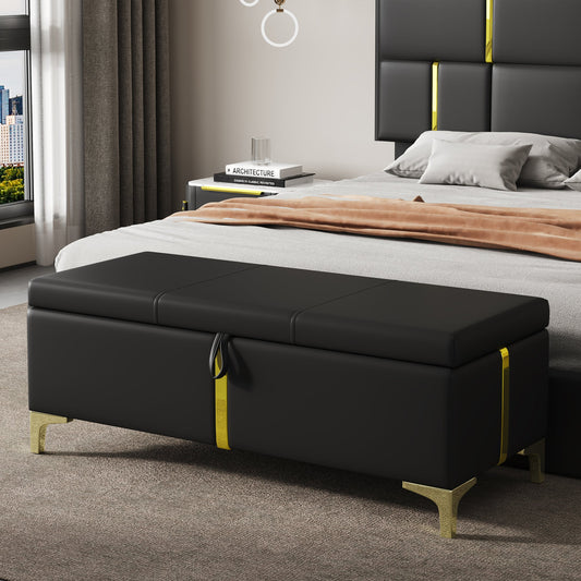 Elegant Upholstered Storage Ottoman, Storage Bench with Metal Legs, Fully Assembled Except Legs, Black