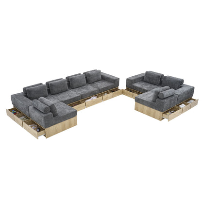 8-seat Modular Sectional Sofa with Storage Drawers, Multi-Functional L-Shaped Couch with Built-In Cabinet Base and Center Table Design, Convertible Combination Sofa Set, Modern Upholstered Sofa