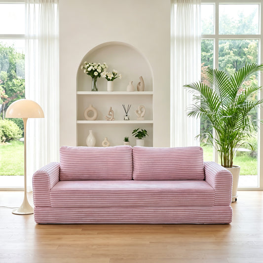 76 Inch Convertible Futon Sofa Bed,Folding Boneless Couches with Sleeper Sofa,Fold Out Floor Sofa Couch with Deep Seat,Cloud Corduroy Foldable Mattress Couch for Living Room,Pink