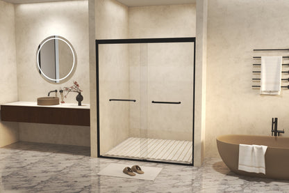 Modern Matte Black Aluminum Frame Double Sliding Shower Door, 50-54' W × 72' H, 6mm Tempered Glass with Explosion Proof Film, Stainless Steel Handle