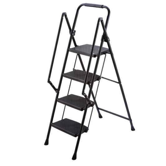 Four step ladder, lightweight folding four step stool, wide anti slip pedal and safety handle, sturdy steel ladder