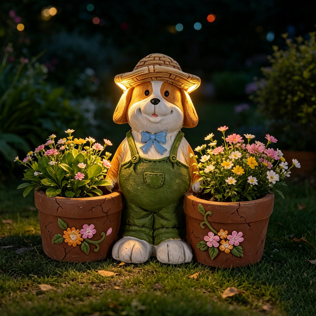 Magnesium Oxide Dog Statue Planter with Solar LED Lights in Ears, Dual Flower Pots Garden Decor, 21.26', for Patio & Doorway
