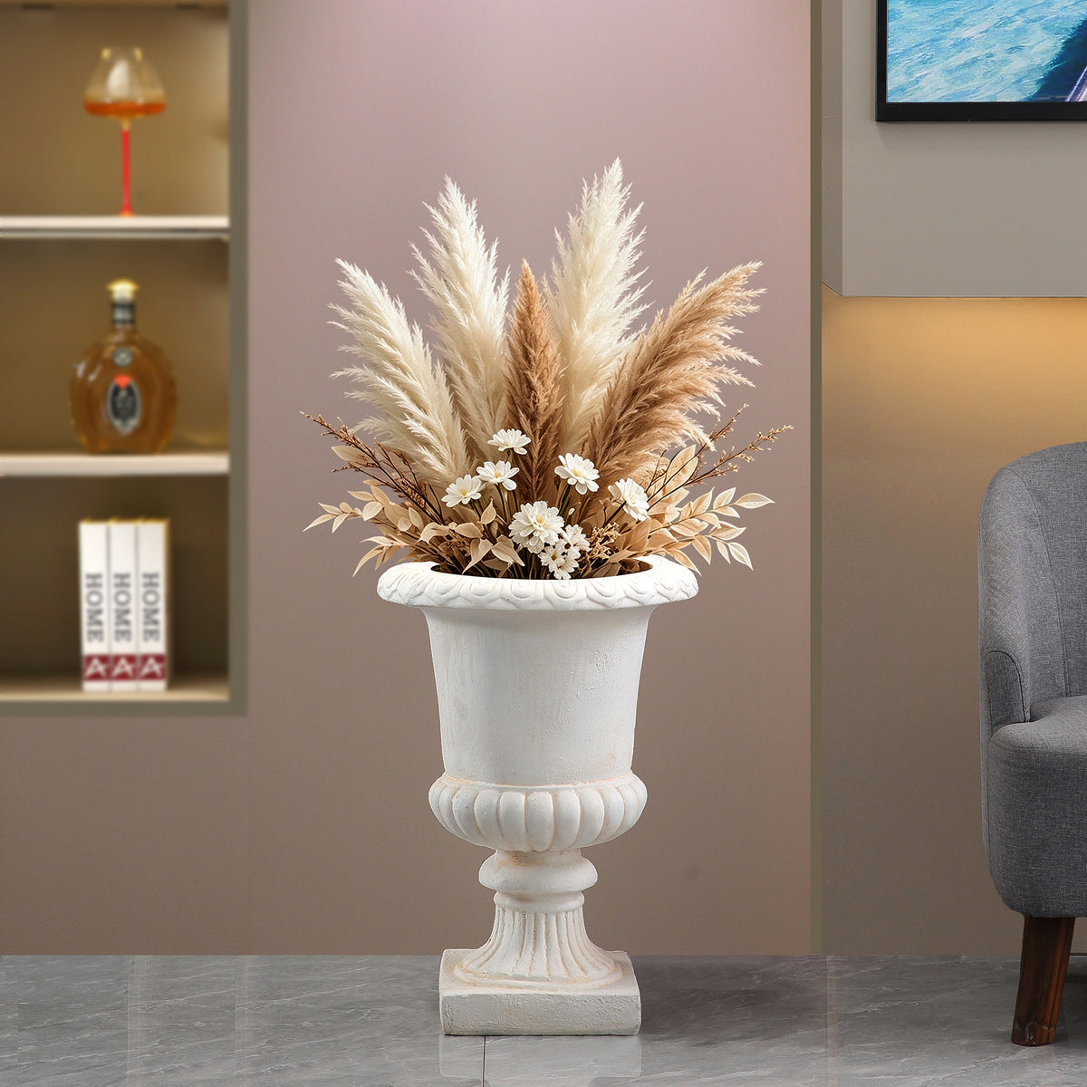 Classical Urn Shaped Planter Pot, MgO Faux Stone Decorative Flower Vase, Indoor & Outdoor Plant Container for Garden Patio Yard, Top Dia 16.93" x H 23.62"