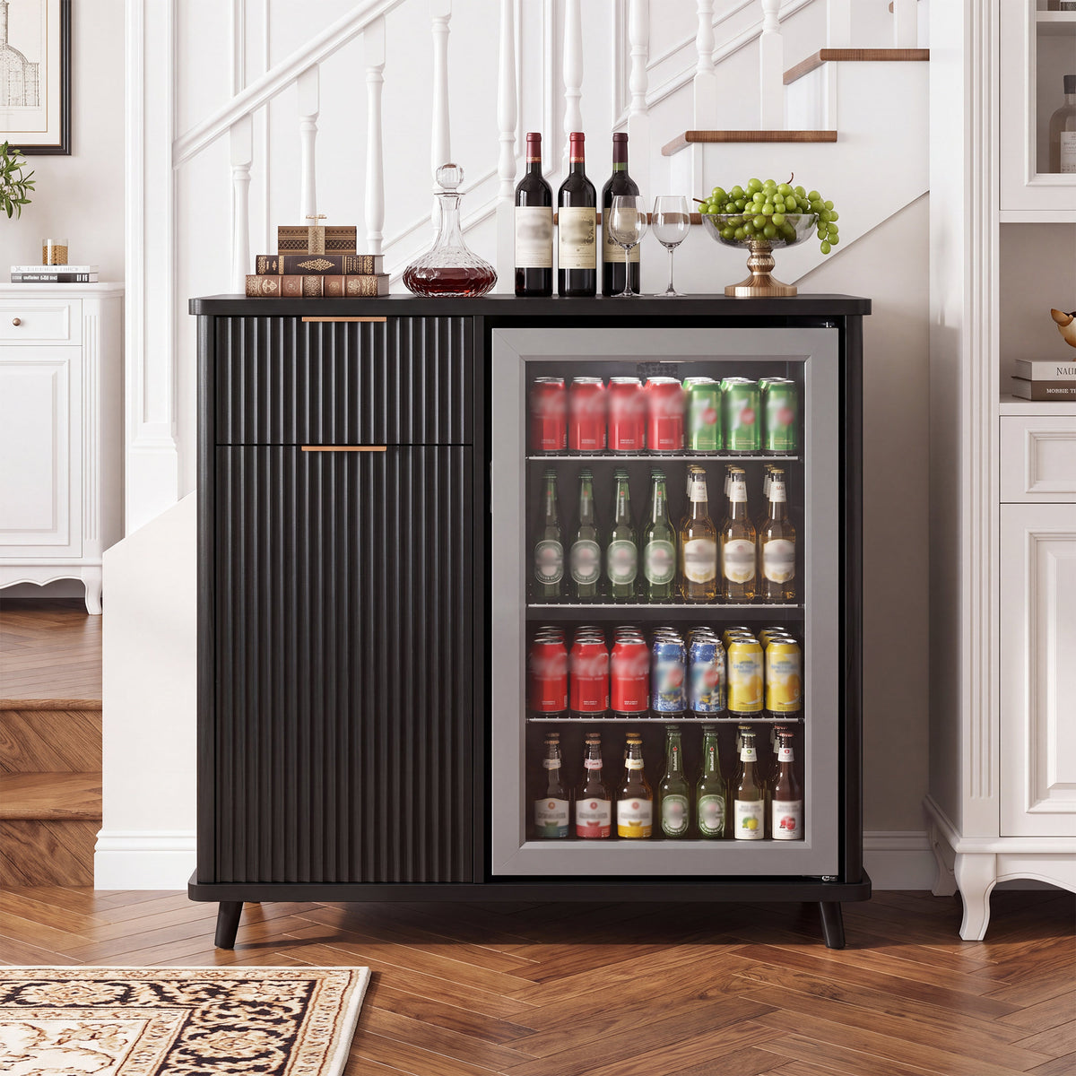 Fluted Coffee Bar Cabinet with Mini Fridge Space & Charging Station, Home Bar Cabinet with Hidden Trash Can Storage & Drawer for Kitchen, Dining Room or Living Room,Black