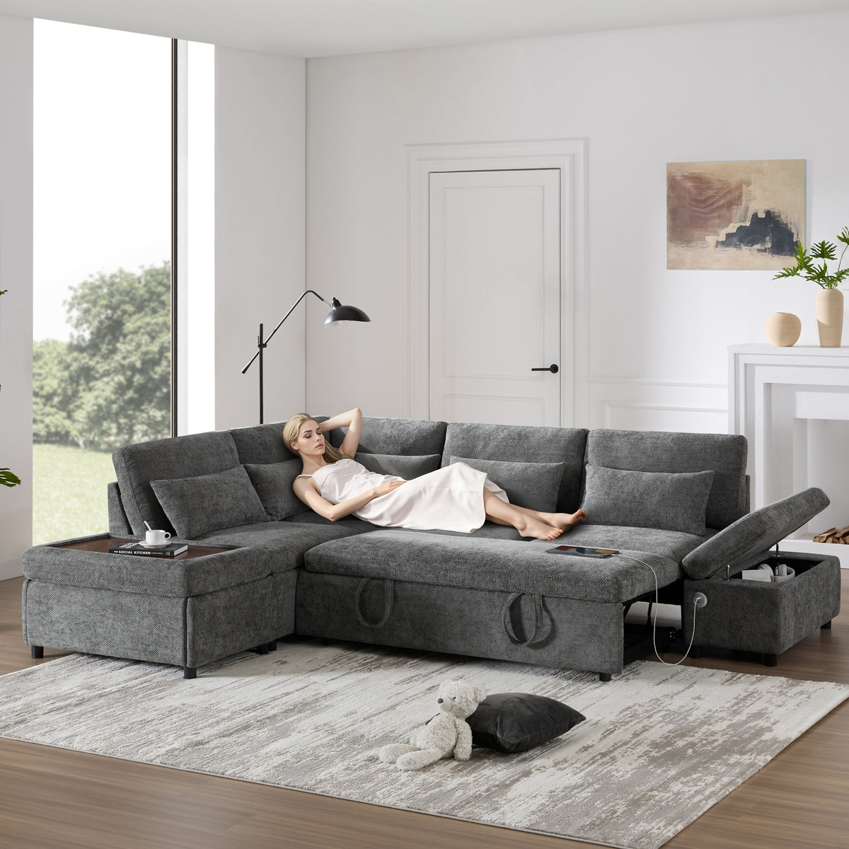 [VIDEO]107'' Sectional Sleeper Sofa Bed with Pull Out Couch, L-shaped with Adjustable Armrest, USB&Type-C Charging