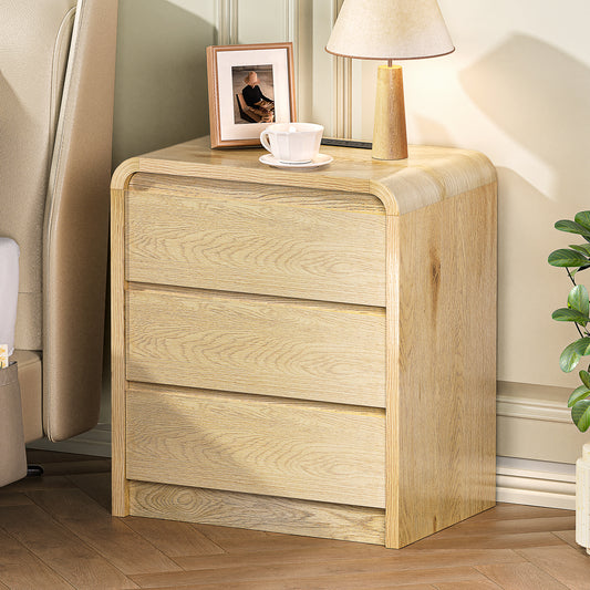 Modern Night Stand with Charging Station, 25" Tall Wood Nightstand Bedside Table with 3 Drawers & USB Ports, Mid-Century End Table for Bedroom (Nature Smooth, 3 Drawers)