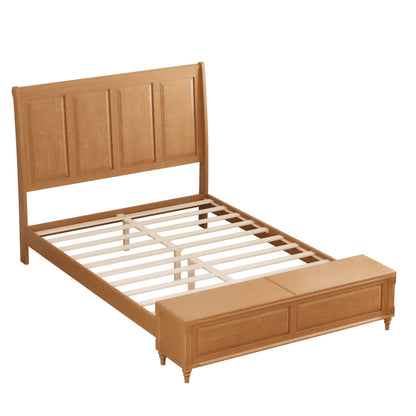 Queen Bed Frame with Tall Headboard and Storage Bench,Soild Wood Sleigh Bed with 64" Storage Chest,No Box Spring Needed, Natural
