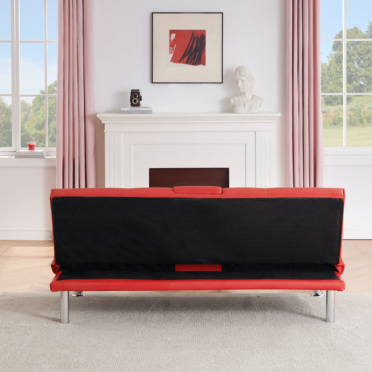 67-inch Red Leather Multifunctional Double Folding Sofa Bed with Coffee Table for Office Use