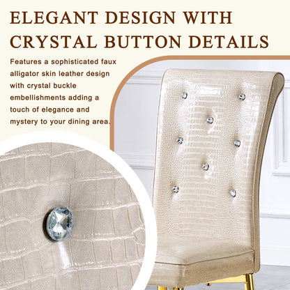 A set of 2 beige and gold vintage crocodile leather cushioned dining chairs, featuring crystal clasp design and artificial leather design, adding a touch of elegance and mystery to the dining area