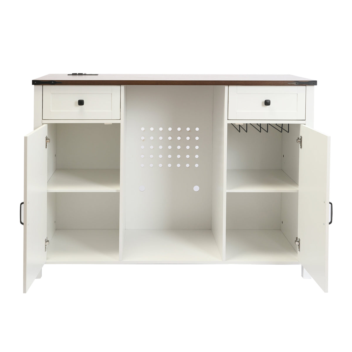 Farmhouse Coffee Bar with Mini Fridge Space & Built-in Charging Station,Large Bar Cabinet with Drawers & Adjustable Shelves for Kitchen, Dining Room, or Living Room, White