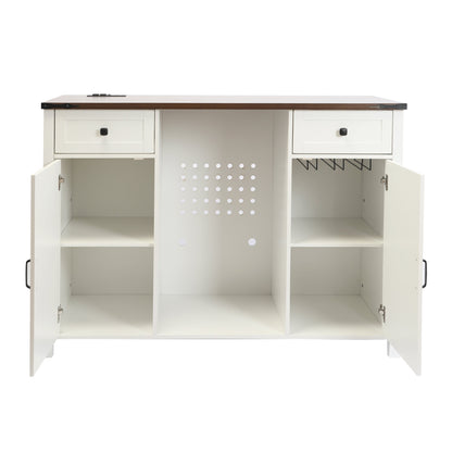 Farmhouse Coffee Bar with Mini Fridge Space & Built-in Charging Station,Large Bar Cabinet with Drawers & Adjustable Shelves for Kitchen, Dining Room, or Living Room, White