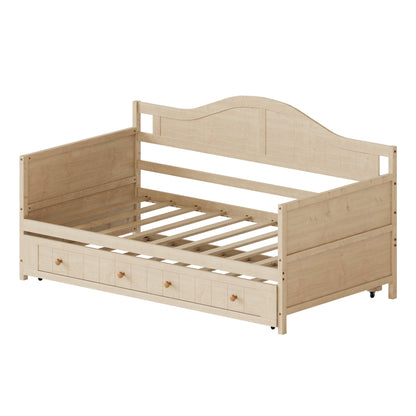 Twin Solid Wood Daybed with Drawer Rolling Trundle, Multi-Purpose Single Sofa Bed for Bedroom Living Room,Natural
