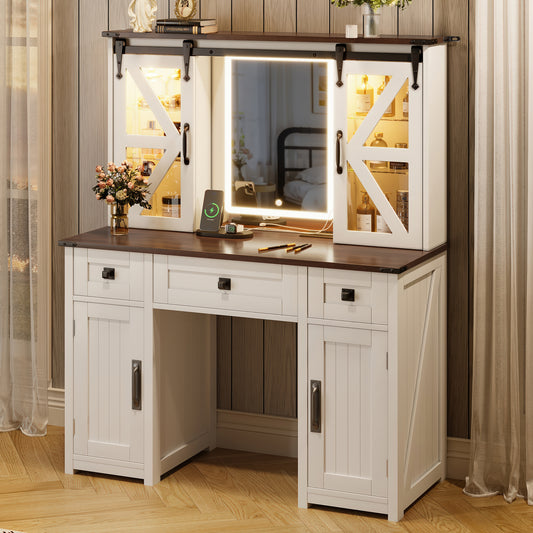 43.3' Farmhouse Makeup Vanity Desk with Lighted Mirror, Vanity Table Set with Charging Station, Dressing Table with Sliding Barn Door Hidden Shelves & 3 Drawers & 4 Cabinets, Beige