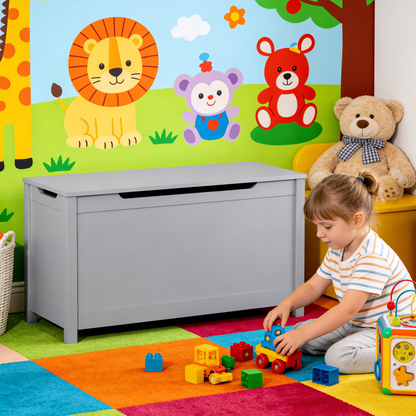 Kids Wooden Toy Box Storage with Safety Hinged Lid in Gray MDF for Ages 2+