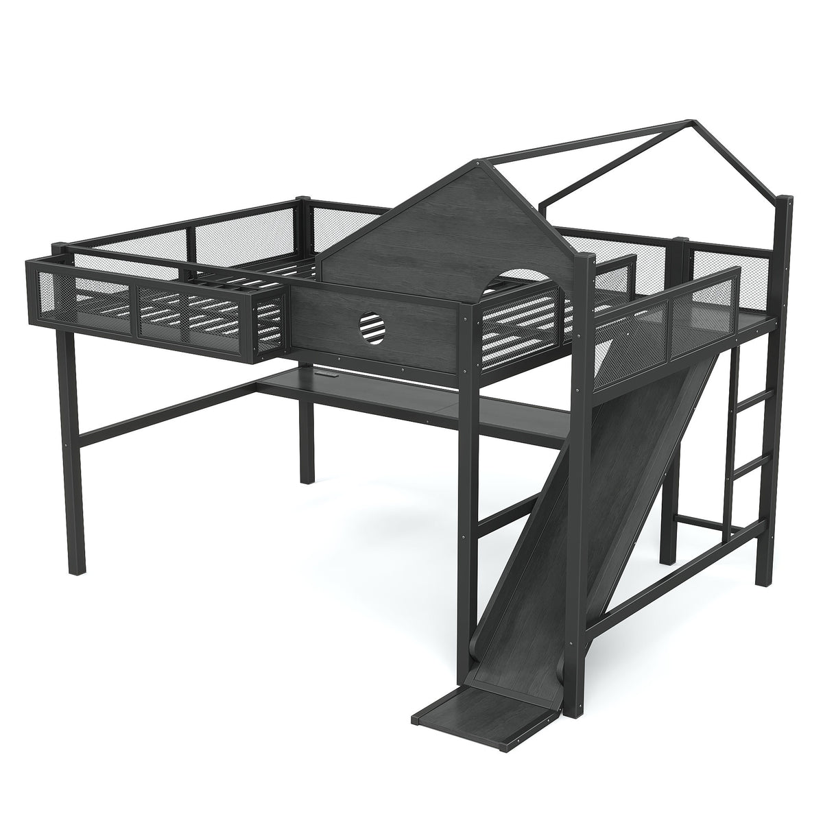 Queen Size Multifunctional Loft Bed with Slide, Desk,and Storage Shelves, Metal Loft Bed Frame With USB Ports And Led Lights, Triangular Geometry House Design, Black