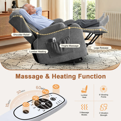 Power Lift Recliner Chair for Elderly with Massage and Heat 8-Point Massage, Lumbar Heat, Electric Lift Assistance, USB Charging Port, Dual Cup Holders, Side Pockets