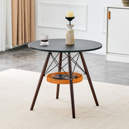 31.5-inch diameter circular dining table, black MDF vacuum formed tabletop, walnut solid wood legs