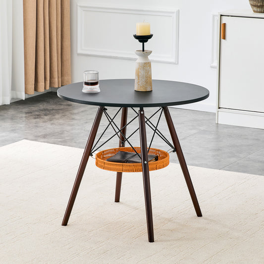 31.5-inch diameter circular dining table, black MDF vacuum formed tabletop, walnut solid wood legs