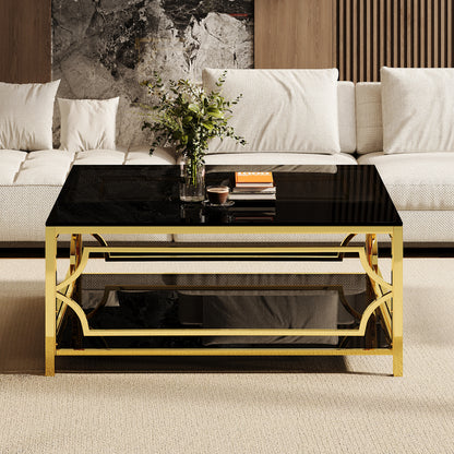 Square Glass Coffee Table in 33.5", Luxurious Geometric Metal Frame, Gold Finish & Lower Shelf