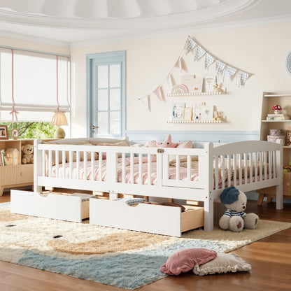 Full Platform Bed with Full-length Guardrails, Kids Platform Bed with Storage Drawers, Childlike and Cute Headboard Design, White