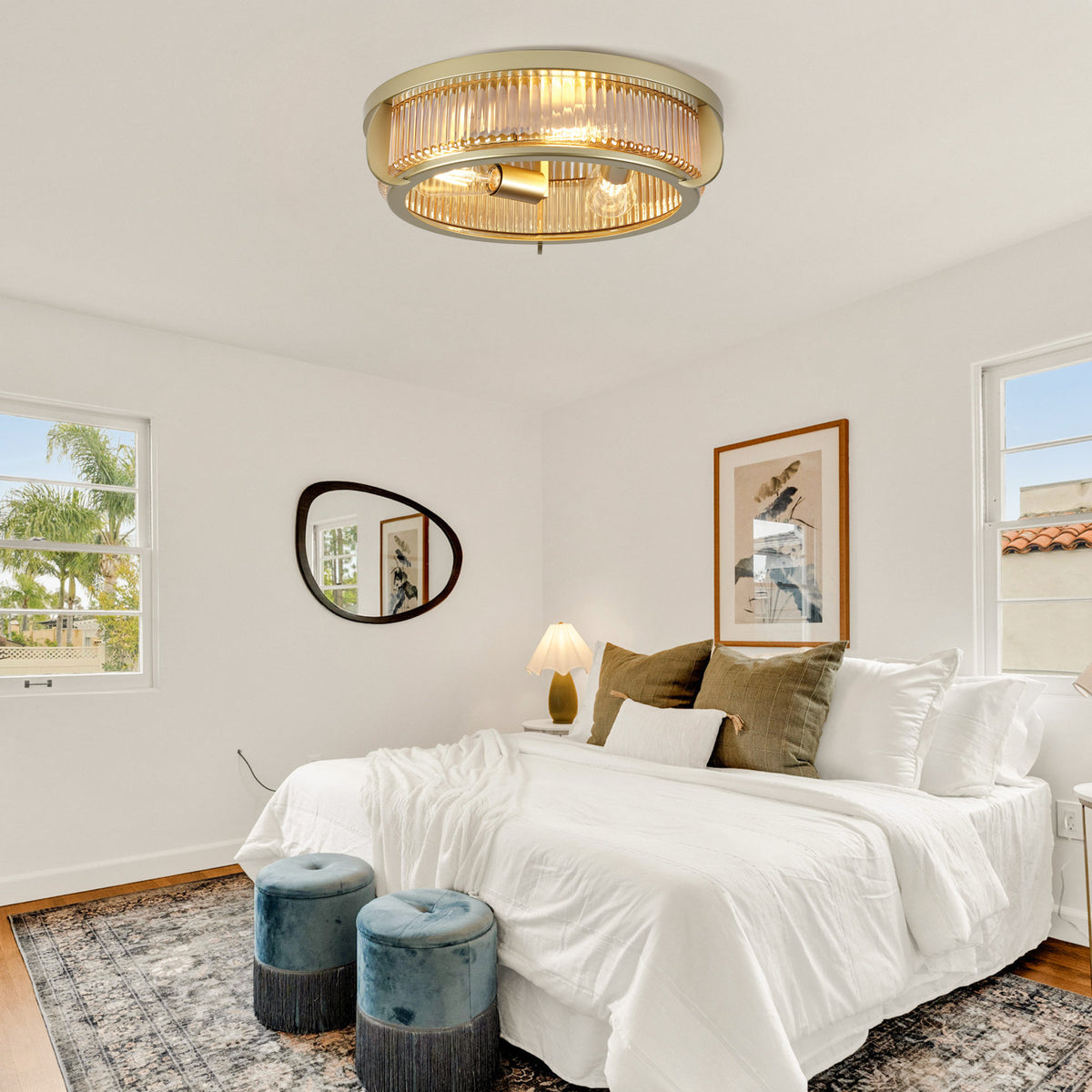 16.14" Flush Mount Ceiling Light, Gold Metal Frame with Ribbed Glass Shade, 3xE26 Socket, Max 60W, Bulbs Not Included